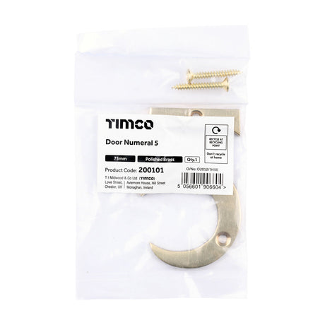 This is an image of Timco - Door Numeral 5 - Polished Brass 75mm (1 Each Bag) 200101