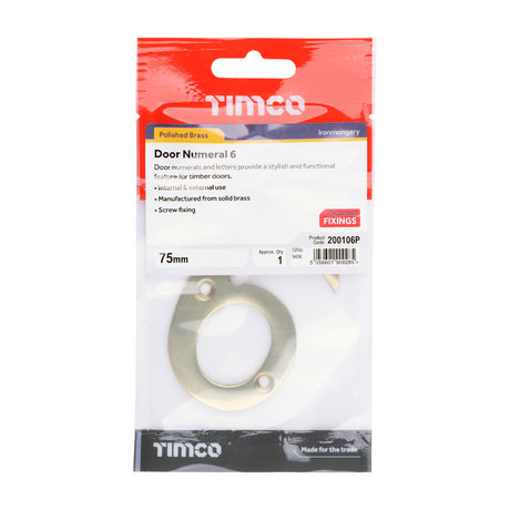 This is an image of Timco - Door Numeral 6 - Polished Brass 75mm (1 Each TIMpac) 200106P