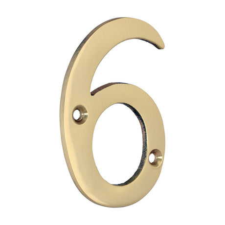 This is an image of Timco - Door Numeral 6 - Polished Brass 75mm (1 Each Bag) 200106