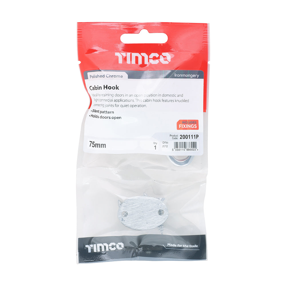 This is an image of Timco - Cabin Hook - Polished Chrome 75mm (1 Each TIMpac) 200111P
