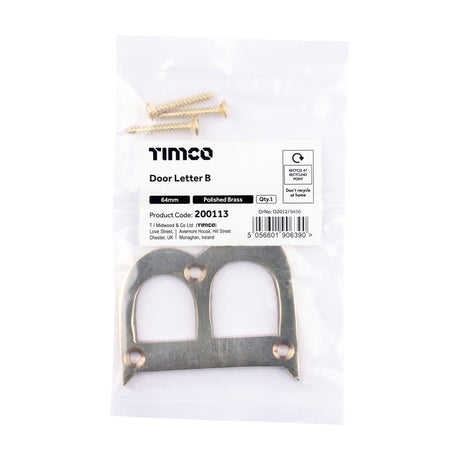 This is an image of Timco - Door Letter B - Polished Brass 64mm (1 Each Bag) 200113