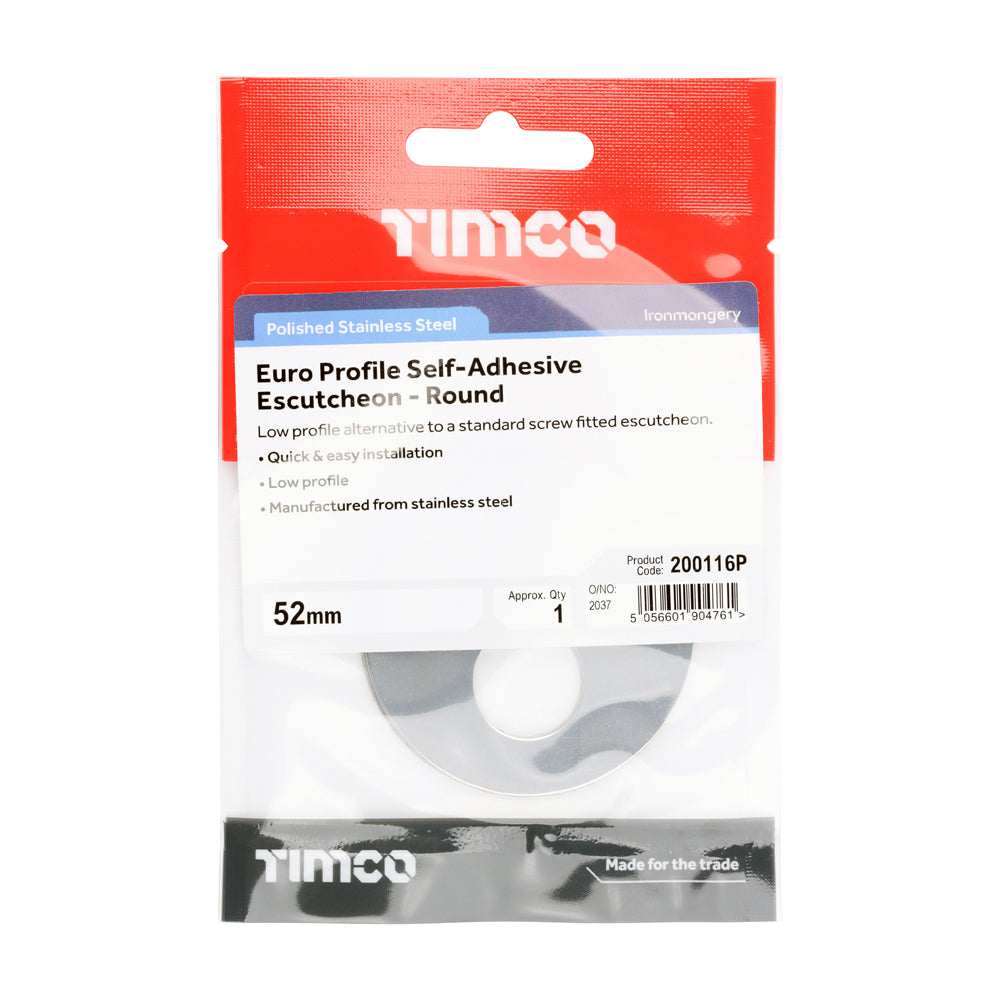 This is an image of Timco - Euro Profile Self-Adhesive Escutcheon - Round - Polished Stainless Steel 52mm (1 Each TIMpac) 200116P