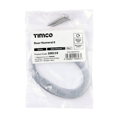This is an image of Timco - Door Numeral 0 - Satin Chrome 81mm (1 Each Bag) 200119