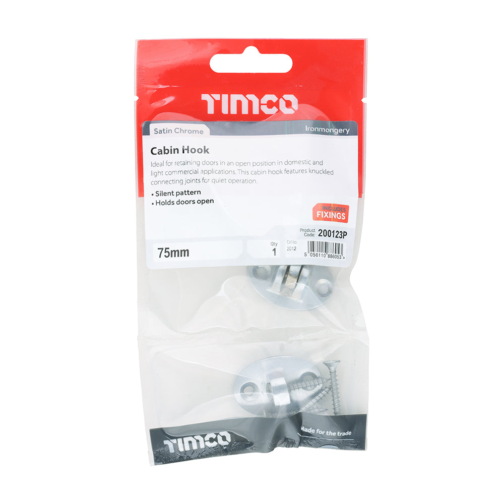 This is an image of Timco - Cabin Hook - Satin Chrome 75mm (1 Each TIMpac) 200123P
