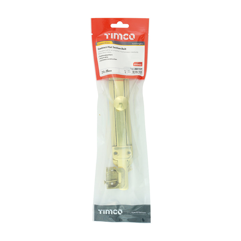 This is an image of Timco - Contract Flat Section Bolt - Polished Brass 210 x 35mm (1 Each TIMpac) 200136P