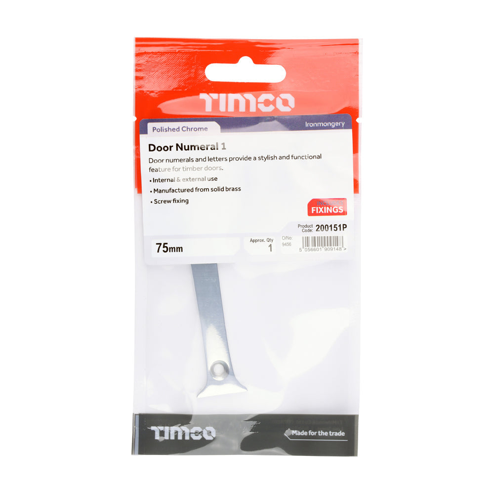 This is an image of Timco - Door Numeral 1 - Polished Chrome 75mm (1 Each TIMpac) 200151P