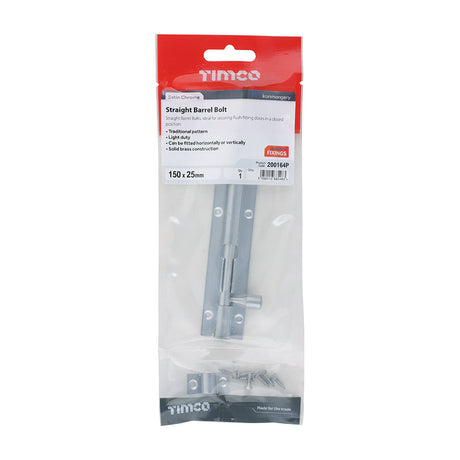 This is an image of Timco - Straight Barrel Bolt - Satin Chrome 150 x 25mm (1 Each TIMpac) 200164P