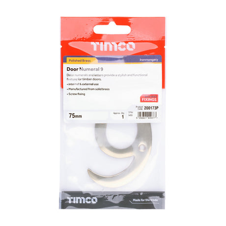 This is an image of Timco - Door Numeral 9 - Polished Brass 75mm (1 Each TIMpac) 200173P