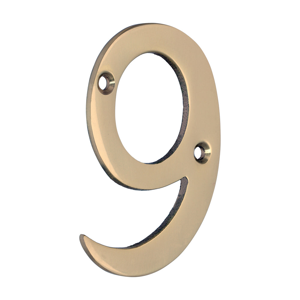 This is an image of Timco - Door Numeral 9 - Polished Brass 75mm (1 Each Bag) 200173