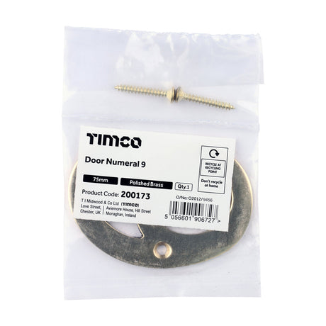 This is an image of Timco - Door Numeral 9 - Polished Brass 75mm (1 Each Bag) 200173