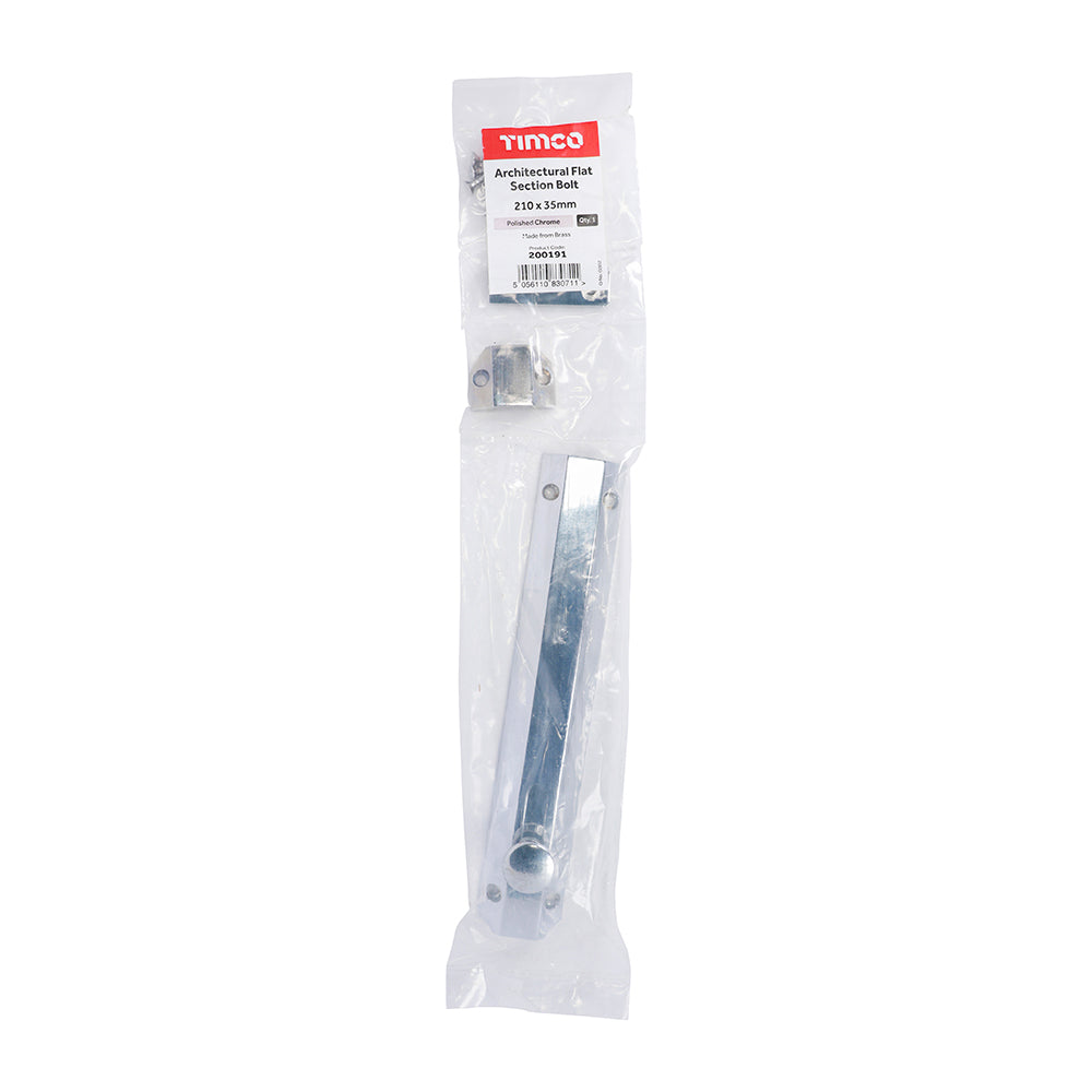 This is an image of Timco - Architectural Flat Section Bolt - Polished Chrome 210 x 35mm (1 Each Bag) 200191