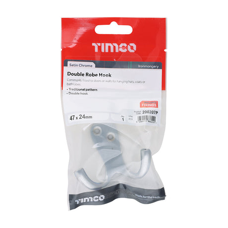 This is an image of Timco - Double Robe Hook - Satin Chrome 47 x 24mm (1 Each TIMpac) 200207P
