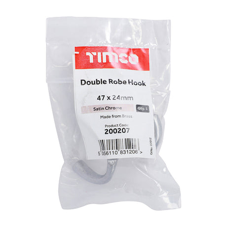 This is an image of Timco - Double Robe Hook - Satin Chrome 47 x 24mm (1 Each Bag) 200207