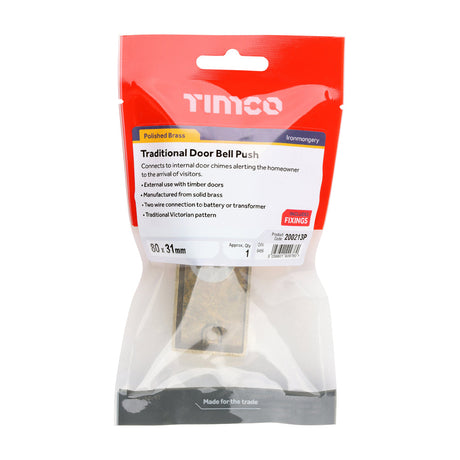 This is an image of Timco - Traditional Door Bell Push - Polished Brass 80 x 31 (1 Each TIMpac) 200213P