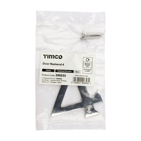 This is an image of Timco - Door Numeral 4 - Polished Chrome 75mm (1 Each Bag) 200255