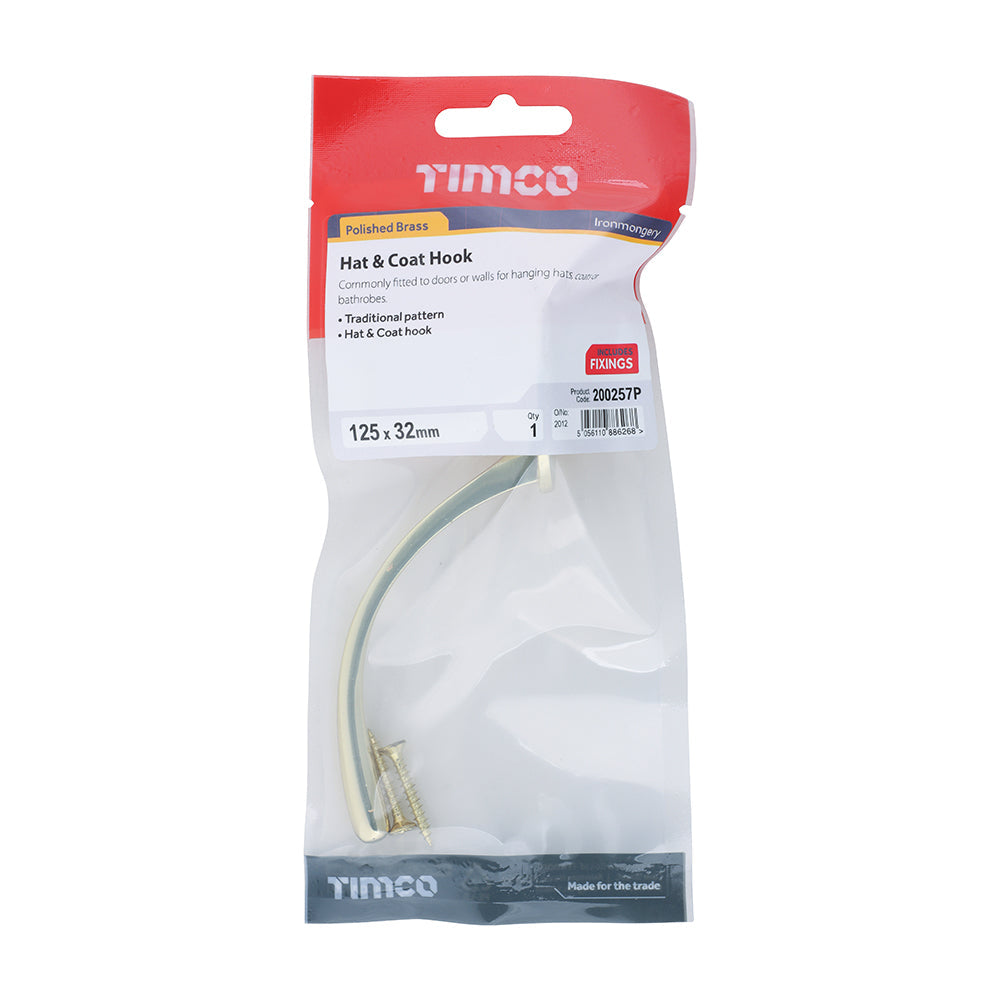 This is an image of Timco - Hat & Coat Hook - Polished Brass 125 x 32mm (1 Each TIMpac) 200257P