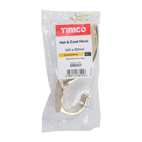 This is an image of Timco - Hat & Coat Hook - Polished Brass 125 x 32mm (1 Each Bag) 200257