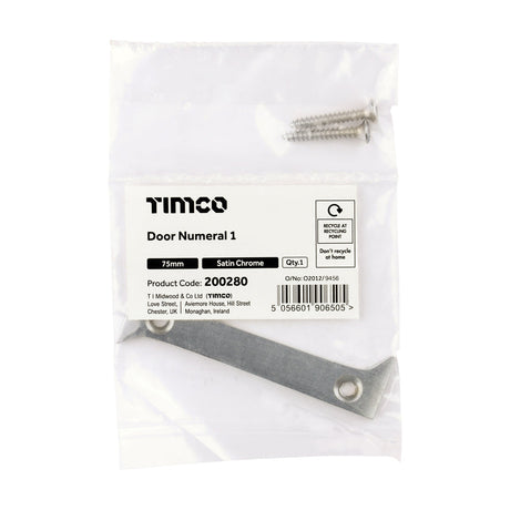 This is an image of Timco - Door Numeral 1 - Satin Chrome 75mm (1 Each Bag) 200280