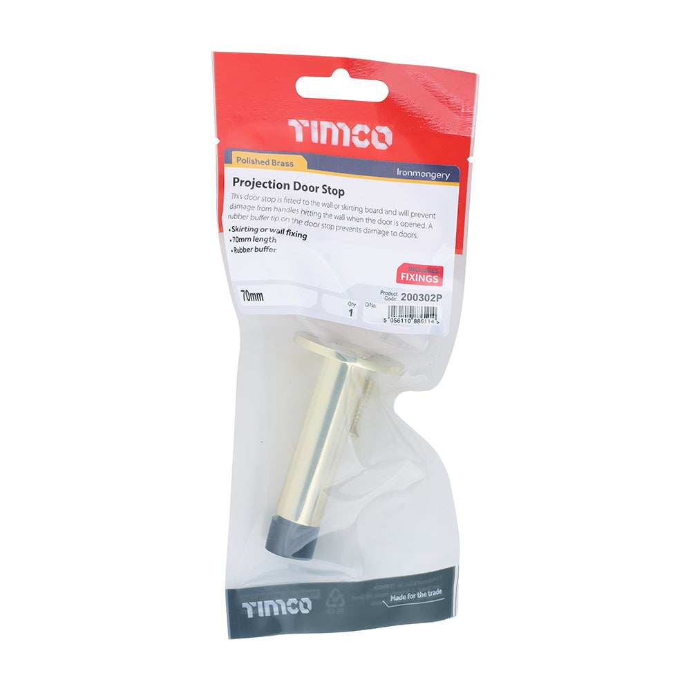 This is an image of Timco - Projection Door Stop - Polished Brass 70mm (1 Each TIMpac) 200302P