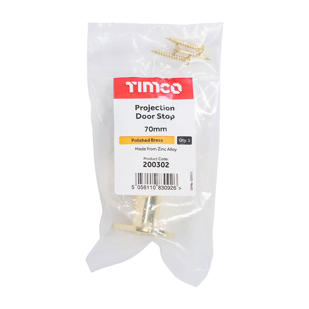 This is an image of Timco - Projection Door Stop - Polished Brass 70mm (1 Each Bag) 200302