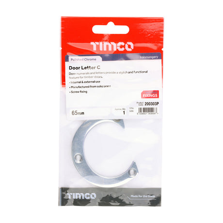 This is an image of Timco - Door Letter C - Polished Chrome 65mm (1 Each TIMpac) 200303P