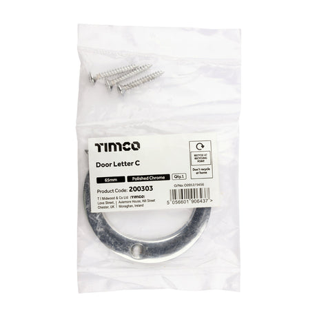 This is an image of Timco - Door Letter C - Polished Chrome 65mm (1 Each Bag) 200303