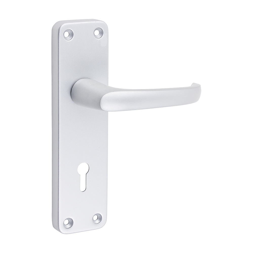 This is an image of Timco - Contractors Lever Lock Handles - Satin Anodised Aluminium 154 x 40 (2 Pieces Bag) 200304BX