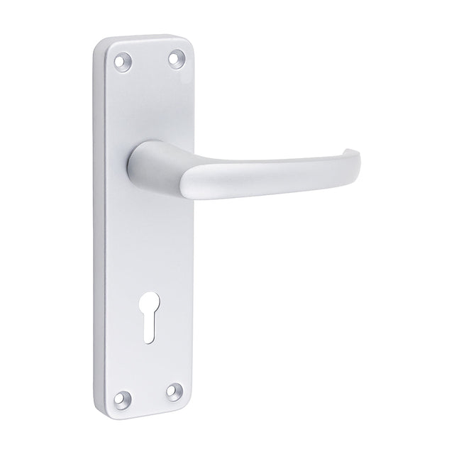 This is an image of Timco - Contractors Lever Lock Handles - Satin Anodised Aluminium 154 x 40 (2 Pieces Bag) 200304BX
