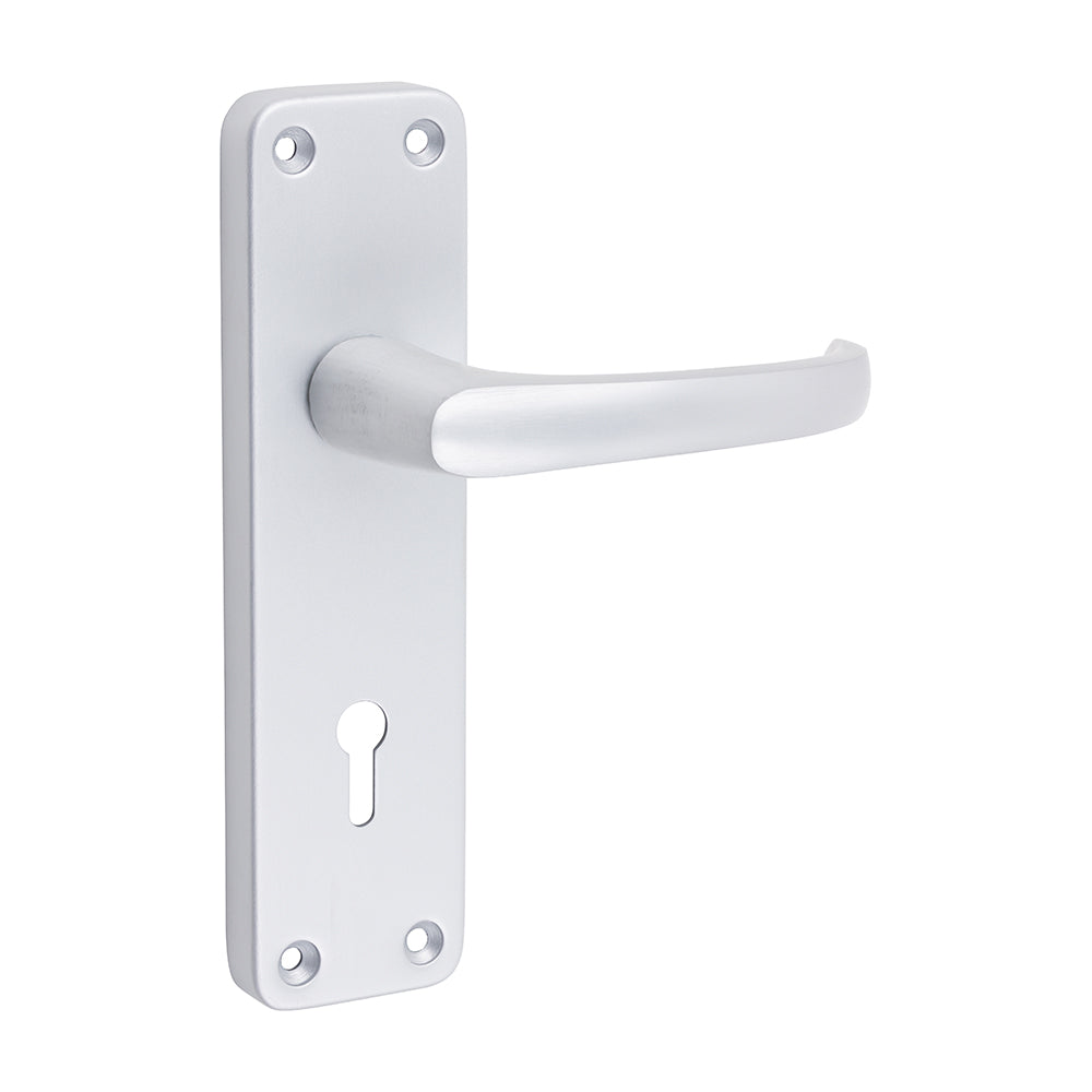 This is an image of Timco - Contractors Lever Lock Handles - Satin Anodised Aluminium 154 x 40 (1 Pairs Blister Pack) 200304