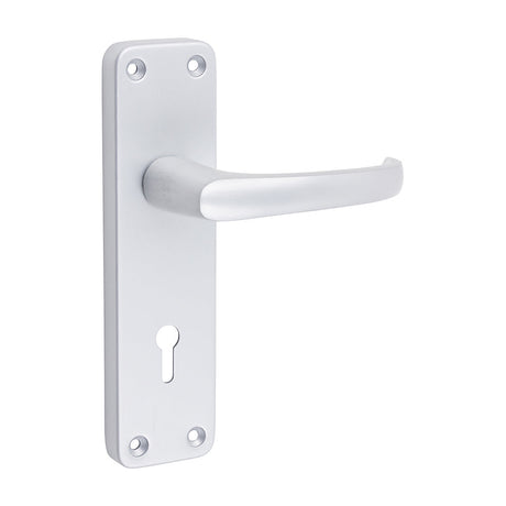 This is an image of Timco - Contractors Lever Lock Handles - Satin Anodised Aluminium 154 x 40 (1 Pairs Blister Pack) 200304