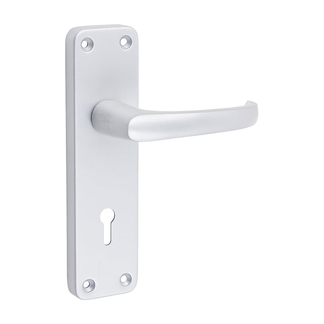 This is an image of Timco - Contractors Lever Lock Handles - Satin Anodised Aluminium 154 x 40 (1 Pairs Blister Pack) 200304