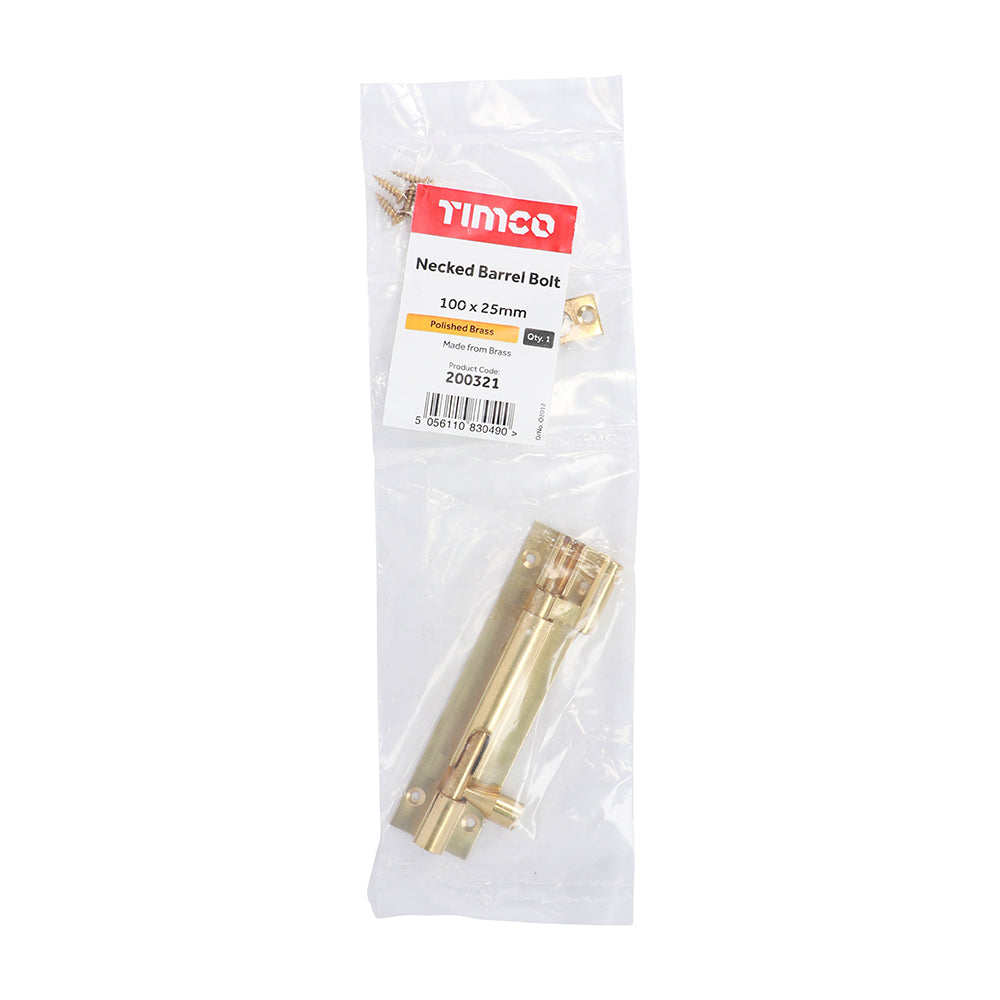 This is an image of Timco - Necked Barrel Bolt - Polished Brass 100 x 25mm (1 Each Bag) 200321