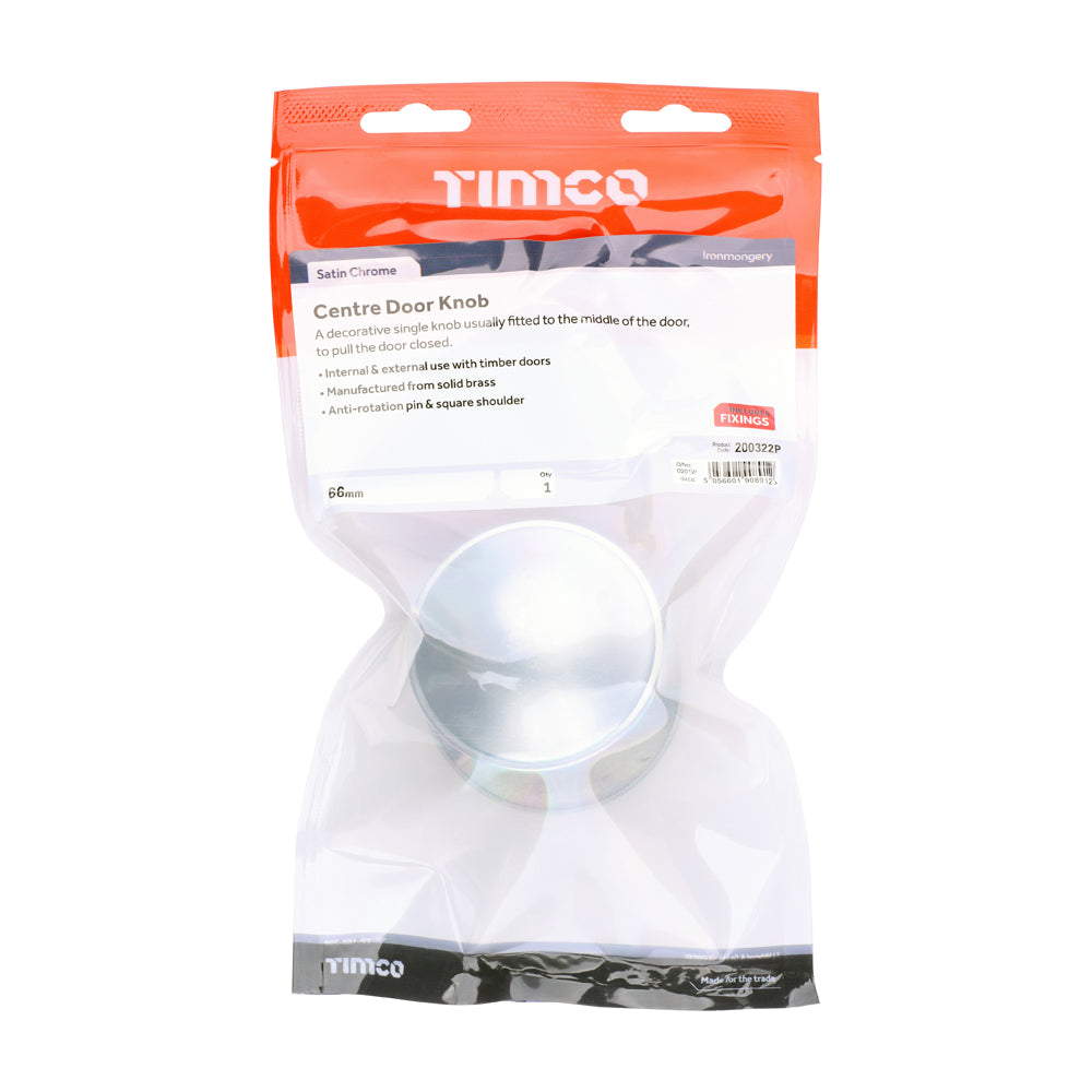 This is an image of Timco - Centre Door Knob - Satin Chrome 66mm (1 Each TIMbag) 200322P