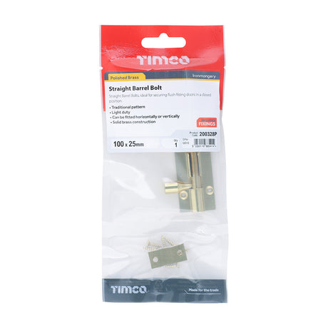 This is an image of Timco - Straight Barrel Bolt - Polished Brass 100 x 25mm (1 Each TIMpac) 200328P