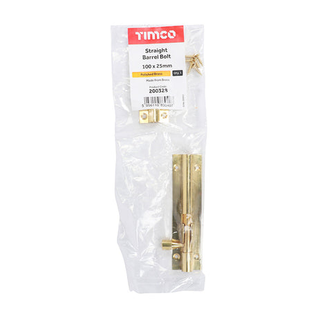 This is an image of Timco - Straight Barrel Bolt - Polished Brass 100 x 25mm (1 Each Bag) 200328