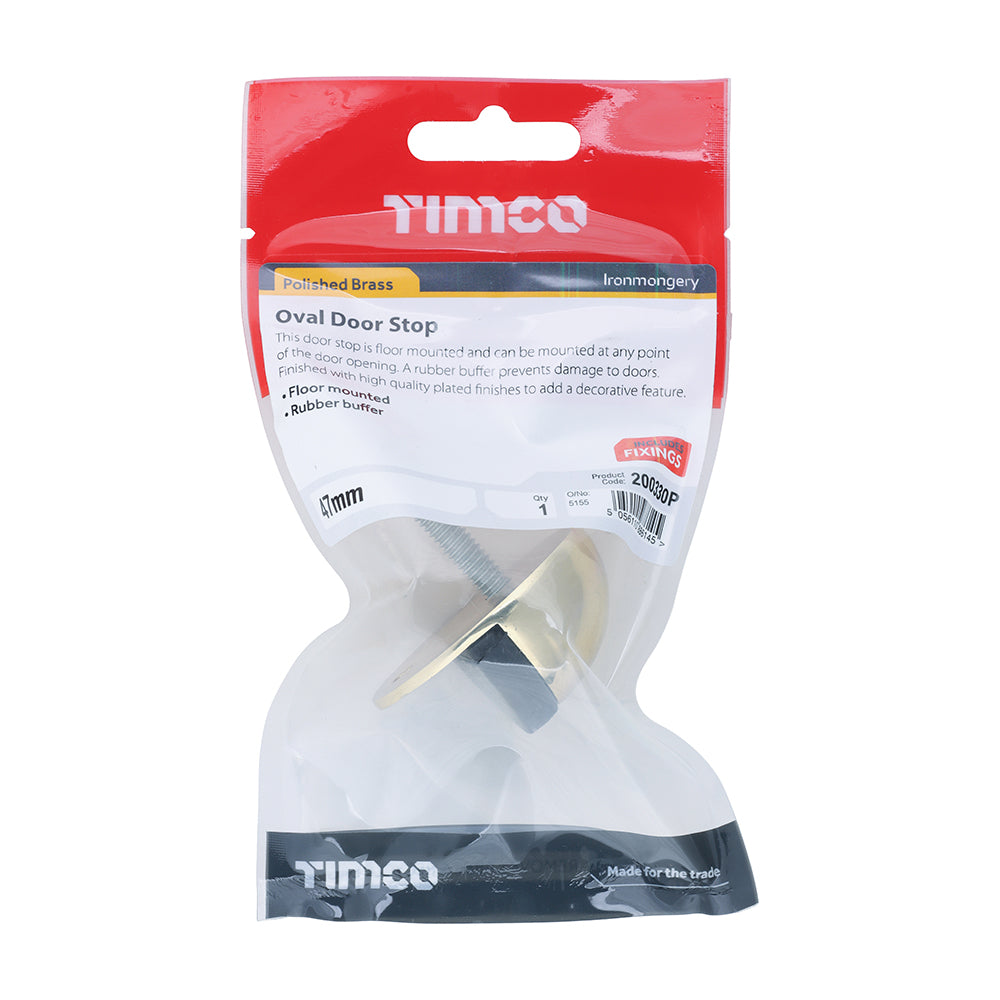 This is an image of Timco - Oval Door Stop - Polished Brass 47mm (1 Each TIMpac) 200330P