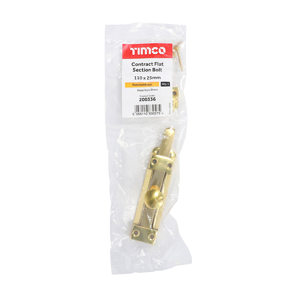 This is an image of Timco - Contract Flat Section Bolt - Polished Brass 110 x 25mm (1 Each Bag) 200336
