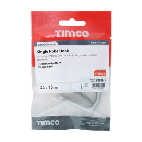This is an image of Timco - Single Robe Hook - Satin Chrome 44 x 18mm (1 Each TIMpac) 200347P