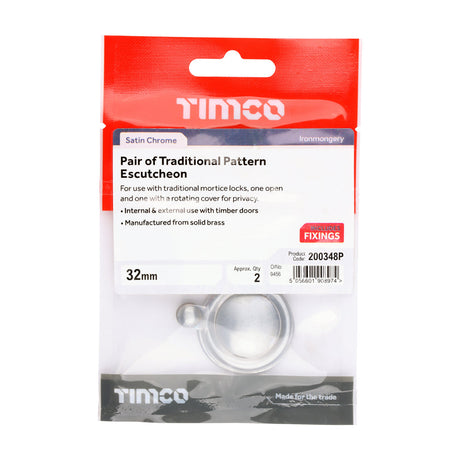 This is an image of Timco - Pair of Traditional Pattern Escutcheon - Satin Chrome 32mm (1 Pairs TIMpac) 200348P
