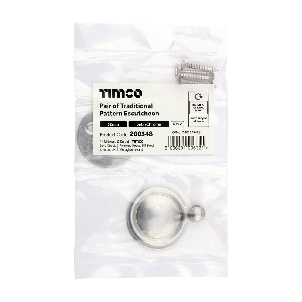 This is an image of Timco - Pair of Traditional Pattern Escutcheon - Satin Chrome 32mm (1 Pairs Bag) 200348