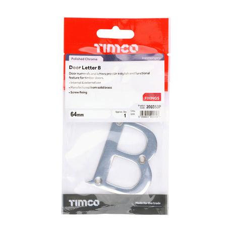 This is an image of Timco - Door Letter B - Polished Chrome 64mm (1 Each TIMpac) 200353P