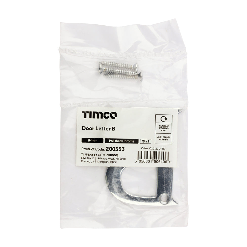 This is an image of Timco - Door Letter B - Polished Chrome 64mm (1 Each Bag) 200353