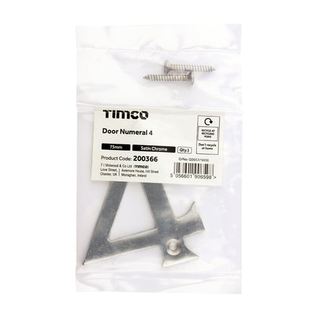 This is an image of Timco - Door Numeral 4 - Satin Chrome 75mm (1 Each Bag) 200366