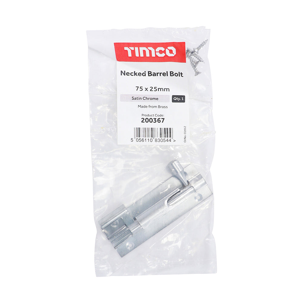 This is an image of Timco - Necked Barrel Bolt - Satin Chrome 75 x 25mm (1 Each Bag) 200367