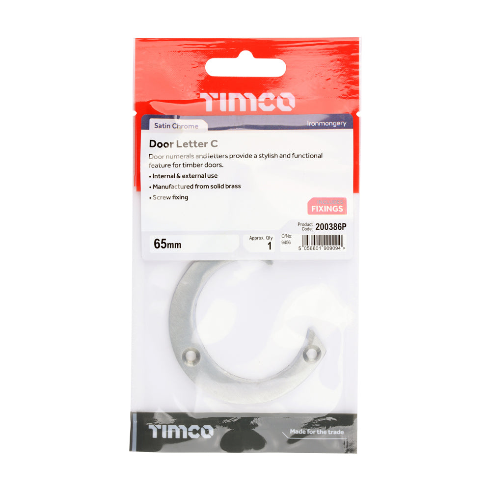 This is an image of Timco - Door Letter C - Satin Chrome 65mm (1 Each TIMpac) 200386P