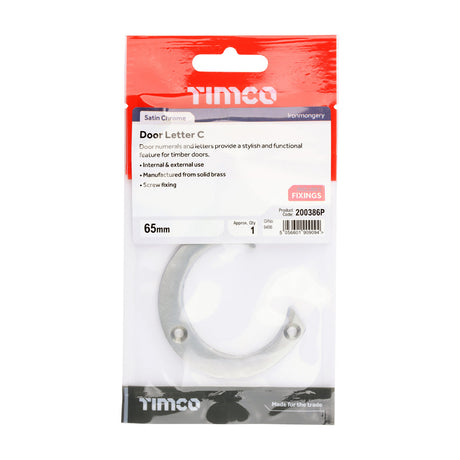 This is an image of Timco - Door Letter C - Satin Chrome 65mm (1 Each TIMpac) 200386P