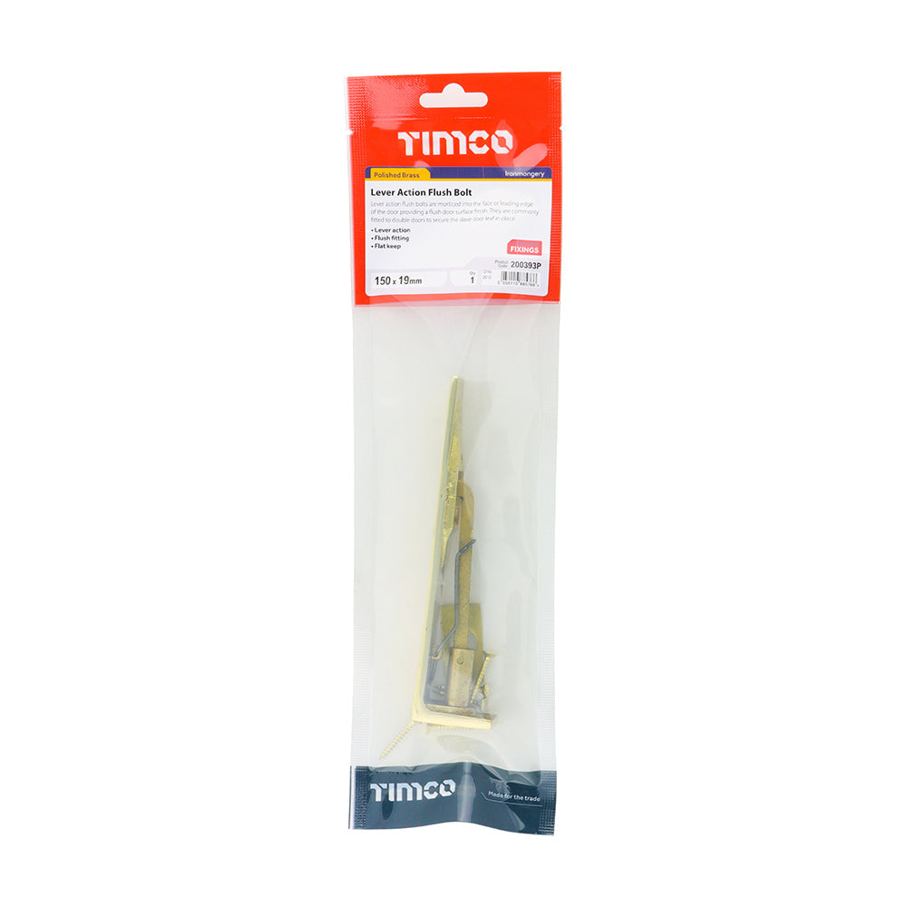 This is an image of Timco - Lever Action Flush Bolt - Polished Brass 150 x 19mm (1 Each TIMpac) 200393P