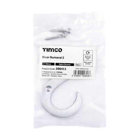 This is an image of Timco - Door Numeral 2 - Satin Chrome 76mm (1 Each Bag) 200411