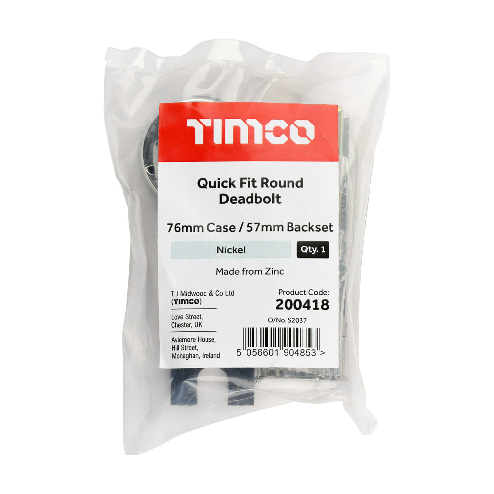 This is an image of Timco - Quick Fit Round Deadbolt - Nickel 76 case / 57 backset (1 Each Bag) 200418