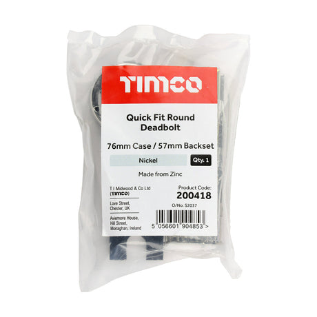 This is an image of Timco - Quick Fit Round Deadbolt - Nickel 76 case / 57 backset (1 Each Bag) 200418